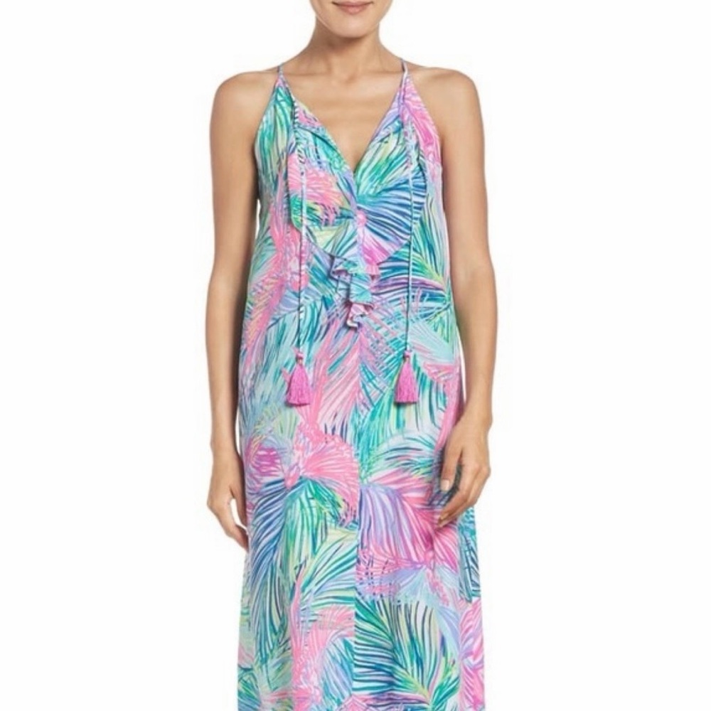 Lilly Pulitzer Palm-Print Midi Dress in Pink, Blue, Green